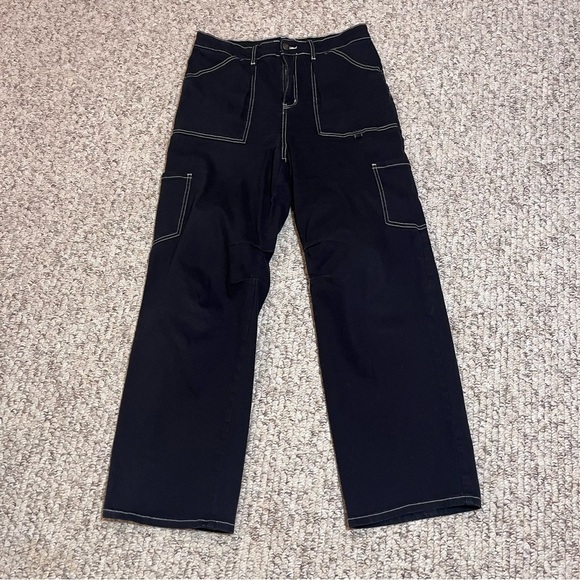 Dokotoo Pants - Streetwear Aesthetic Contrast Stitch Black Carpenter Pants - Wide Leg women’s 12